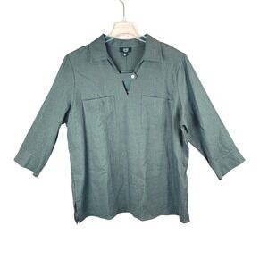 JONES NEW YORK SIGNATURE Women's XL Olive Green Linen Blend Collared V-Neck NWT